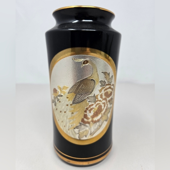Vintage Chokin Collection Vase Engraved Bird Design With Flower Black Pottery - Picture 2 of 9